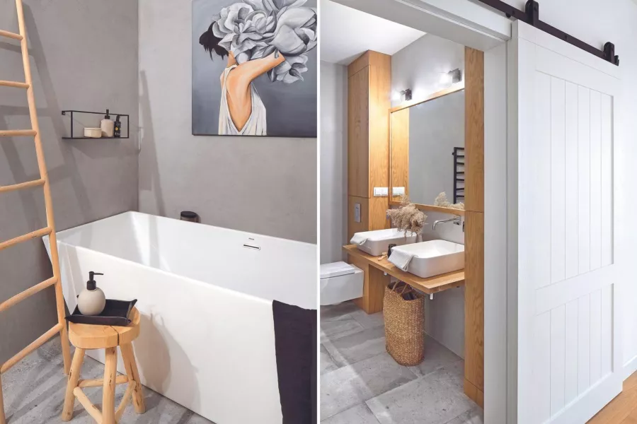 Bunun iki küçük kız için bir banyo olduğuna inanmak zor. Burada beton ve hafif ahşap kural